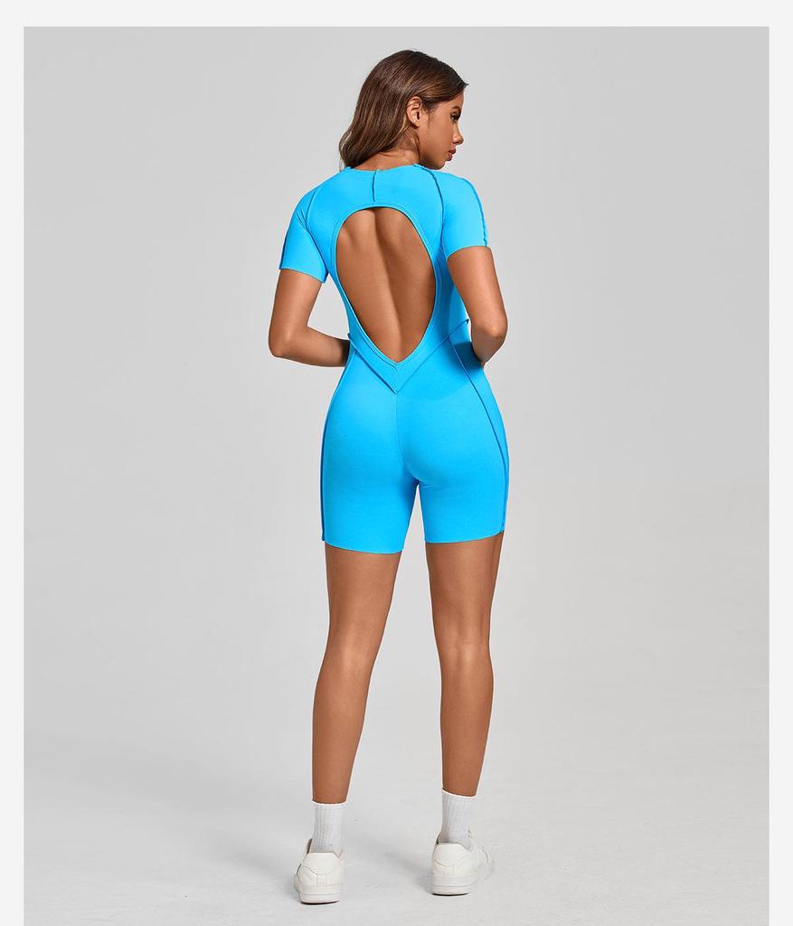 Europäischer & Amerikanischer 3D Ästhetischer Kurzarm Jumpsuit mit Offenem Rücken für Yoga und Fitness