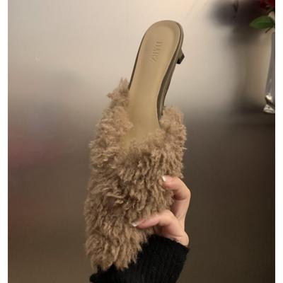 Moda Lusso Tacco Basso Gattino Mules Pelose Ciabatte da Donna Rosa Chiaro Sexy Punta a Stiletto Sandali di Peluche Scarpe da Festa Inverno