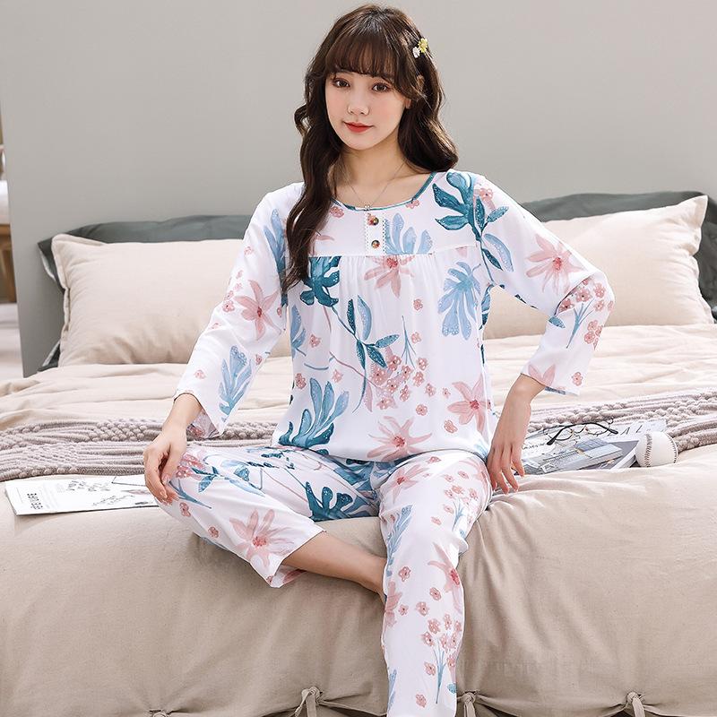 Yini shirt human cotton and silk long-sleeved pajamas women's explosive women's loungewear summer long-sleeved human cotton set clearance treatment