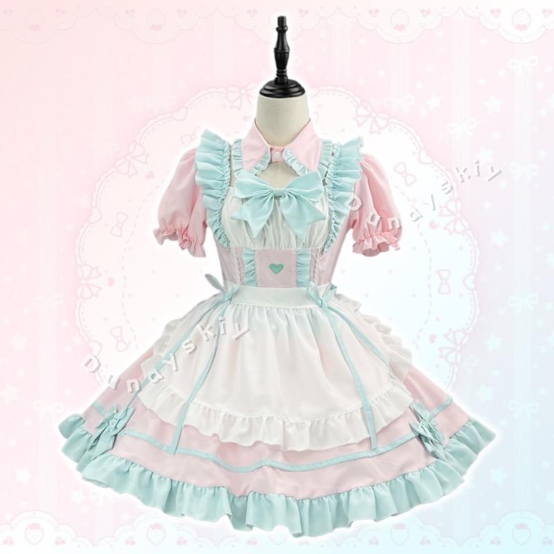 BFF Matching Outfit Anime Lolita Blue/Pink Maid Dress Cafe Style Sweet Lolita Kawaii Maid Cosplay Costume Girl Woman Apron Dress