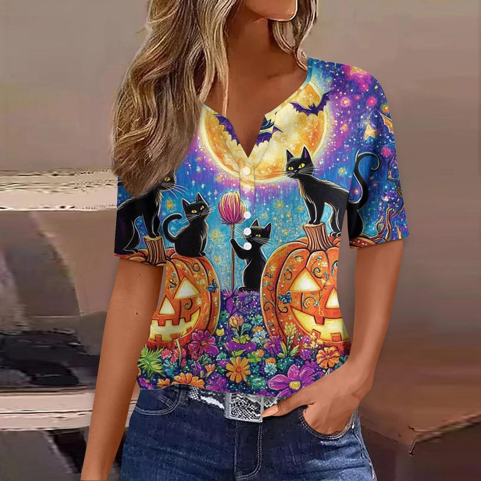 

Women s T Shirt Tee Halloween Printed Button Short Sleeve Tunic Daily Weekend Fashion Basic V- Neck Regular Top XL золотий