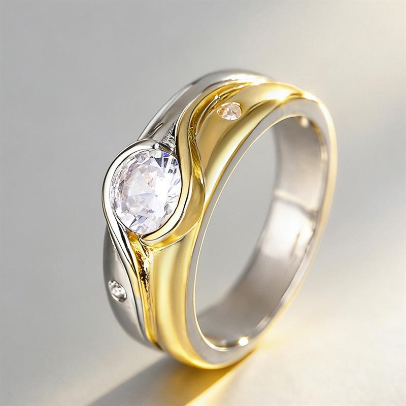 Huitan Women Two Tone Ring Inlaid Bright Round Cubic Zirconia Vintage Accessories Party Daily Simple Style Lady Trendy Jewelry