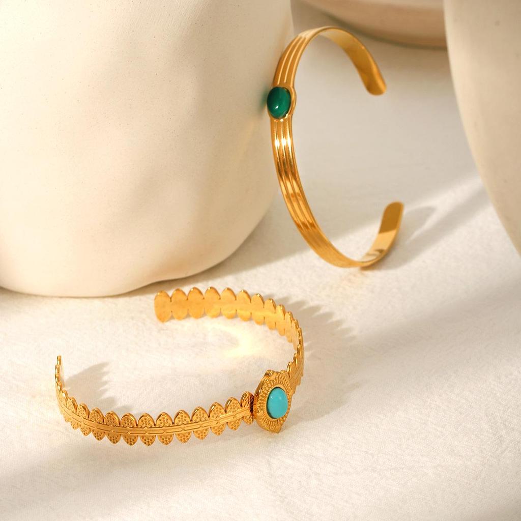 French Retro Malachite Stainless Steel Open Bangle - Non-fading Titanium Steel Women's Bracelet