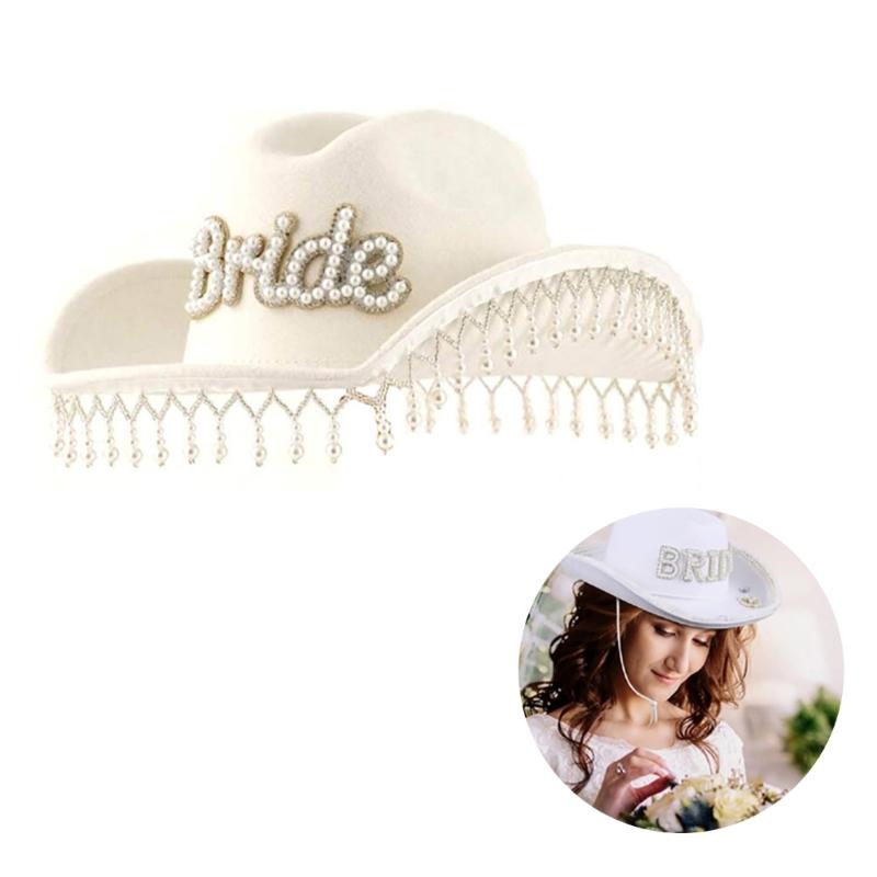 Fringed Pearl Bride Cowboy Hat for Female BrideToBe Bride Cowboy Hat Bachelorettes Party Headwear Wedding Celebration Hat