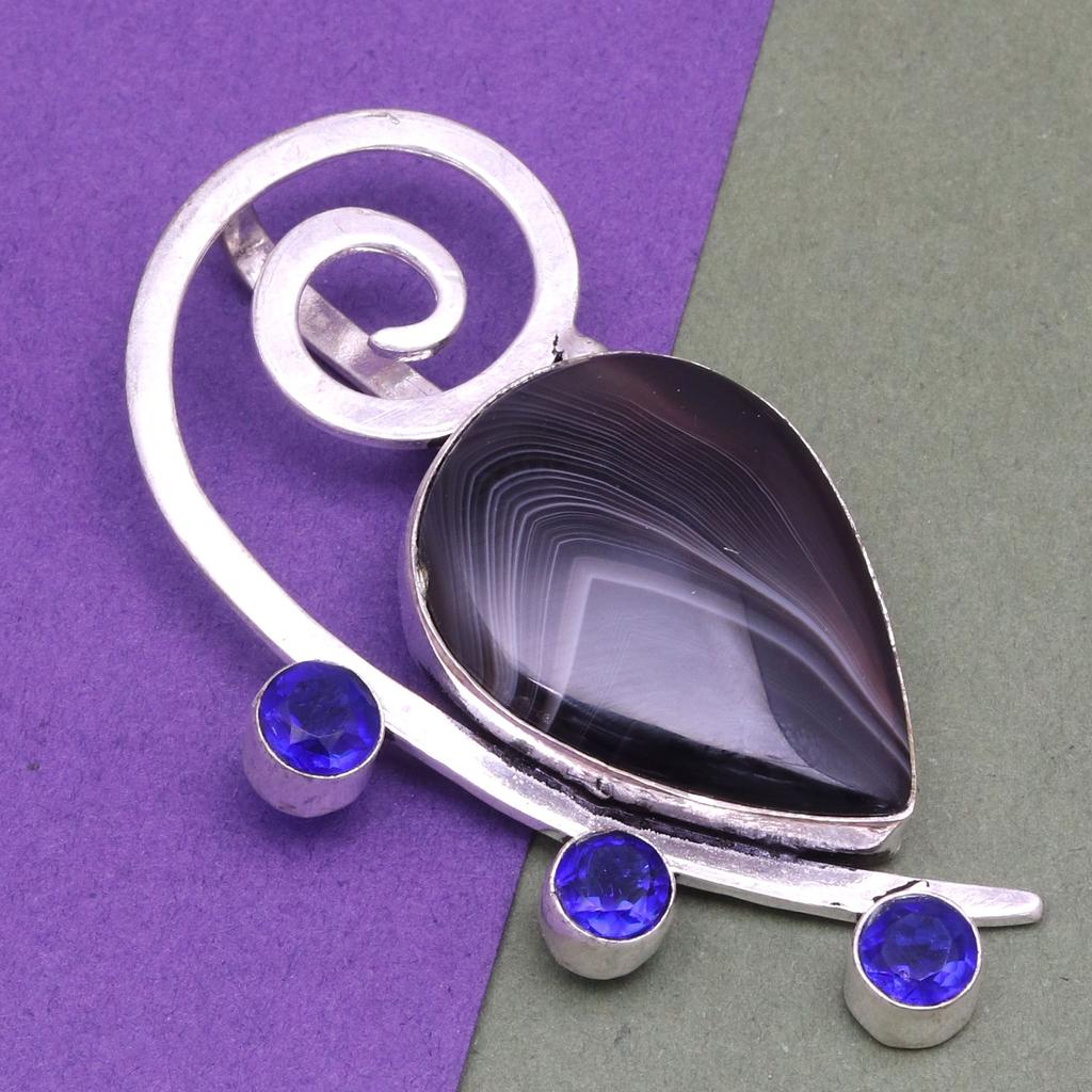 Gray Botswana Agate Tanzite  Mother's Day Silver Jewelry Pendant  2.25"