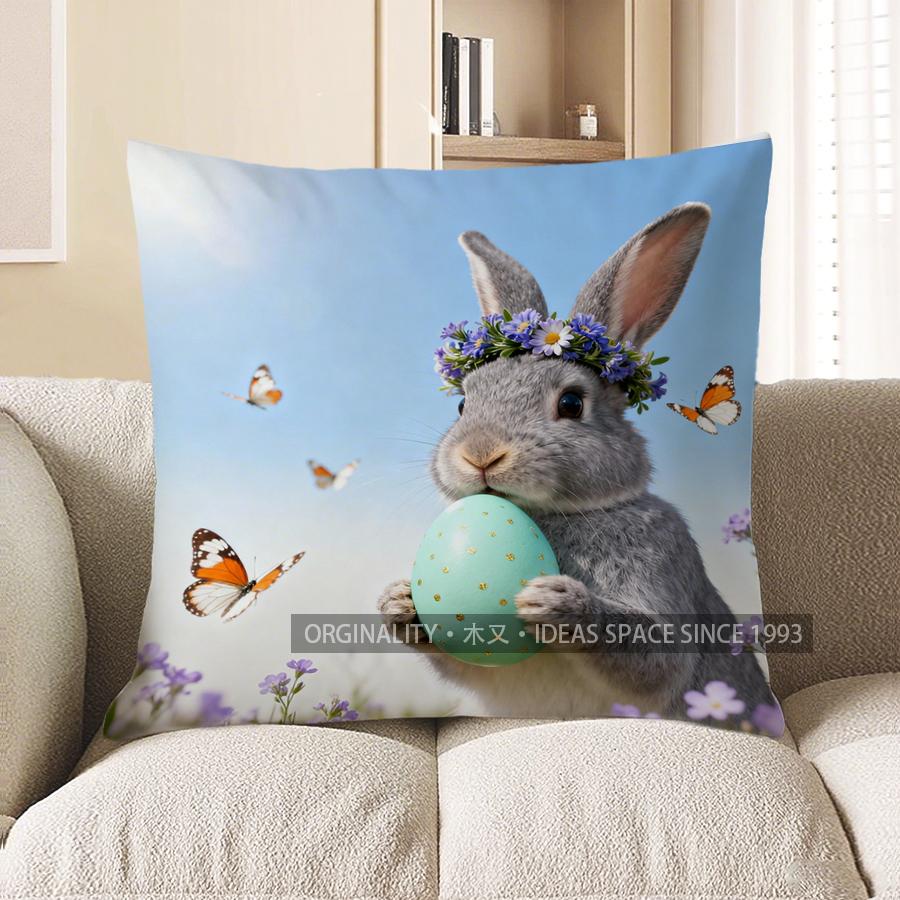 2D Gray Bunny With Egg And Butterflies Pillow Cover Pattern Cushion Cover Suitable For Sofa Bedroom Car Pillow Cover