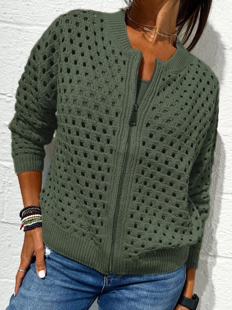 Women's Black Mesh Knit Cardigan with Zipper and Lace-Up Sleeve Detailing