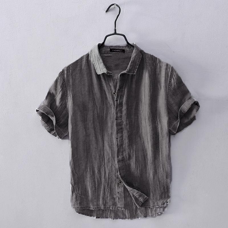 INCERUN Vintage Casual T-Shirt Men Lapel Collar Short Sleeve Male Tops Summer Tee Shirts