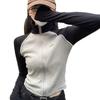 Women's Autumn Stand Collar Color Block Patchwork Long Sleeve Slim Fit Top - Sweet & Stylish.