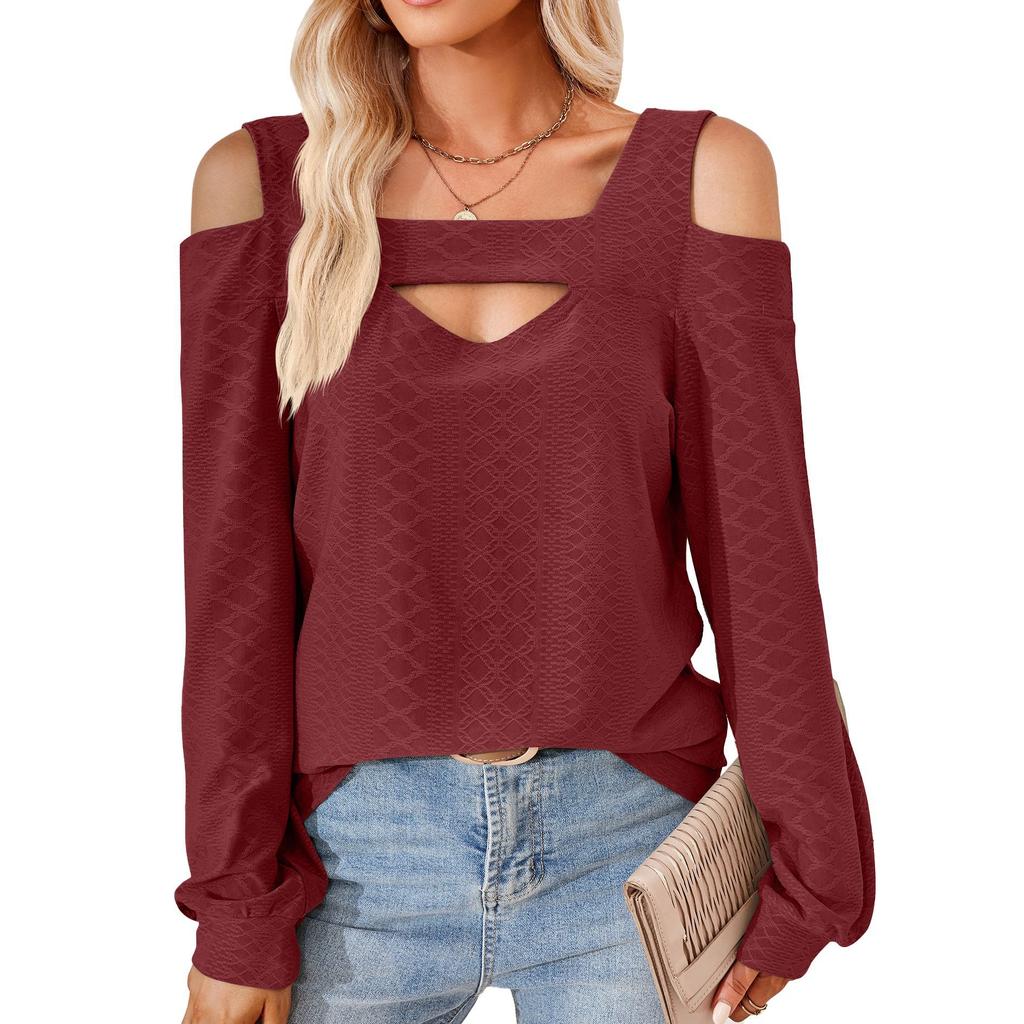 Camicetta da donna primaverile e autunnale senza spalline tinta unita comoda maglietta casual a maniche lunghe ampia