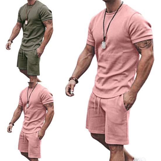 MAITA Tracksuit Pure Color Drawstring Men Loose Short-sleeved T-shirt Pocket Shorts Clothing Fitness