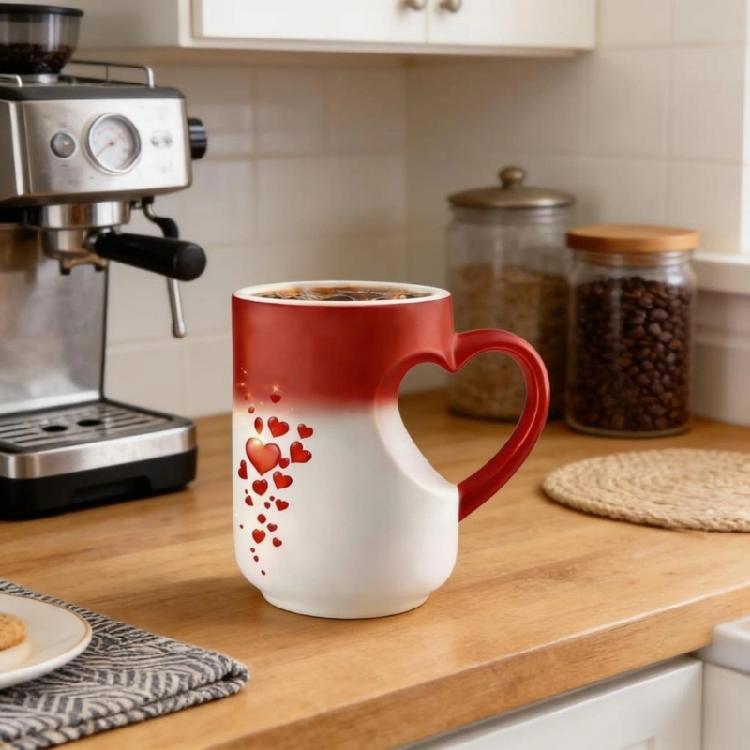 Stylish Ceramic Drinking Cup With Lovely Heart Handle And Fade Resistant Print Color Changing Coffee Mug