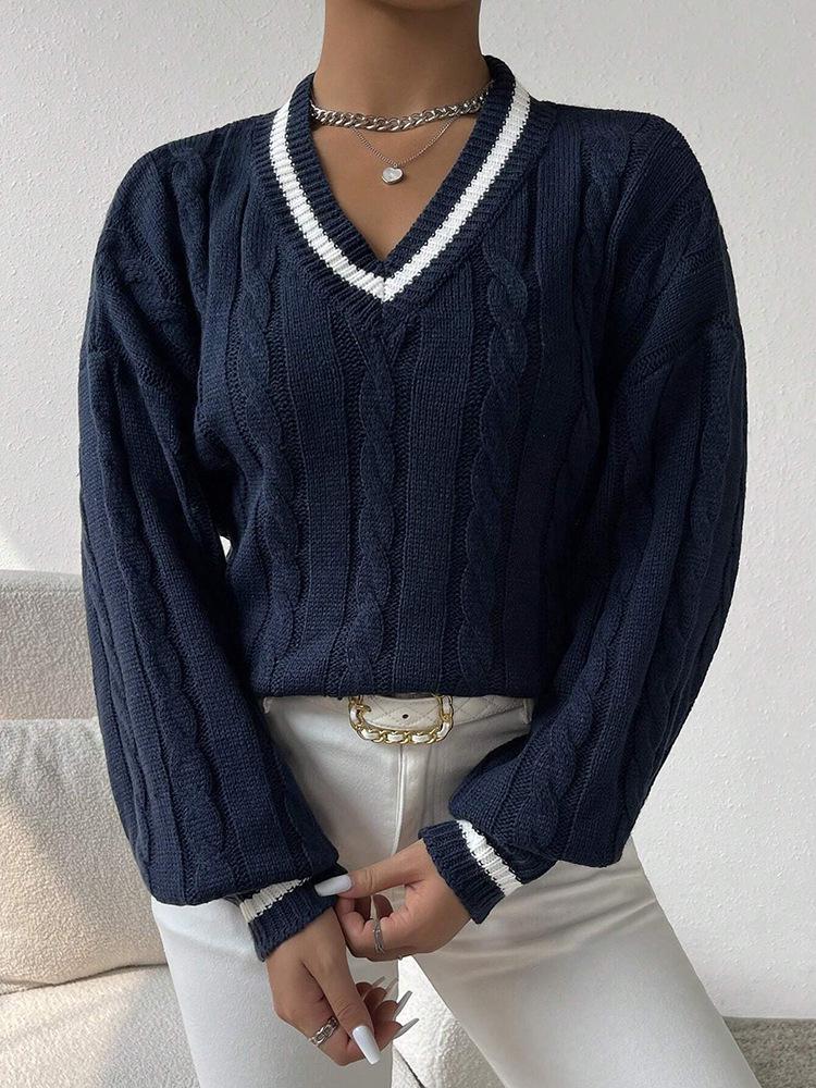 2024 European & American Color Block V-Neck Cable Knit Sweater - Autumn/Winter Loose Fit Women's Fashion.