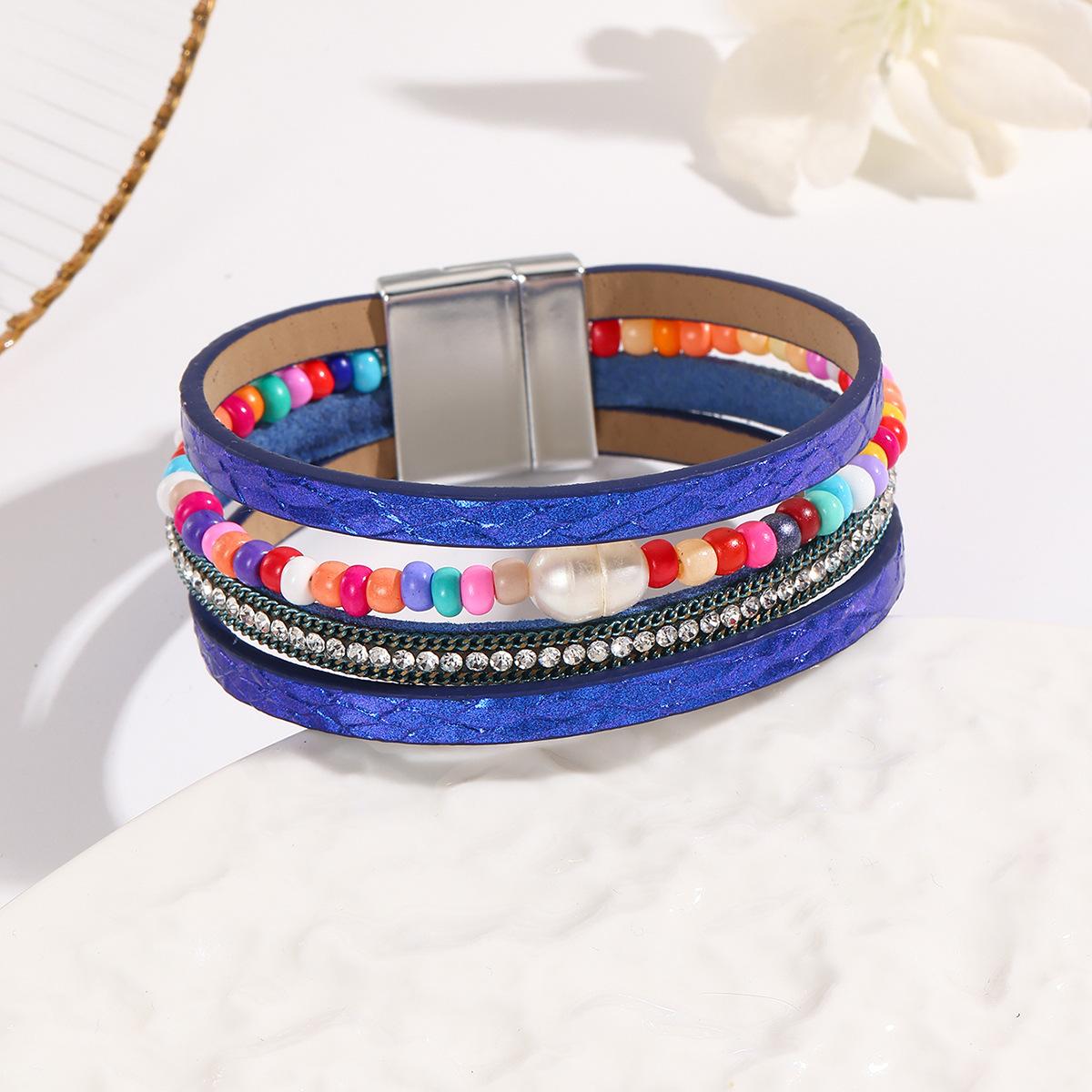 

Кожаный браслет для женщин, бусины, стразы, цепочка, обертка, ювелирные аксессуары королевский синий