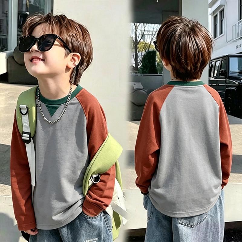 Boys' Retro Color Block Long Sleeve T-shirt - Spring/Autumn 2026, Medium/Large Sizes, Handsome Pure Cotton Base Layer Top