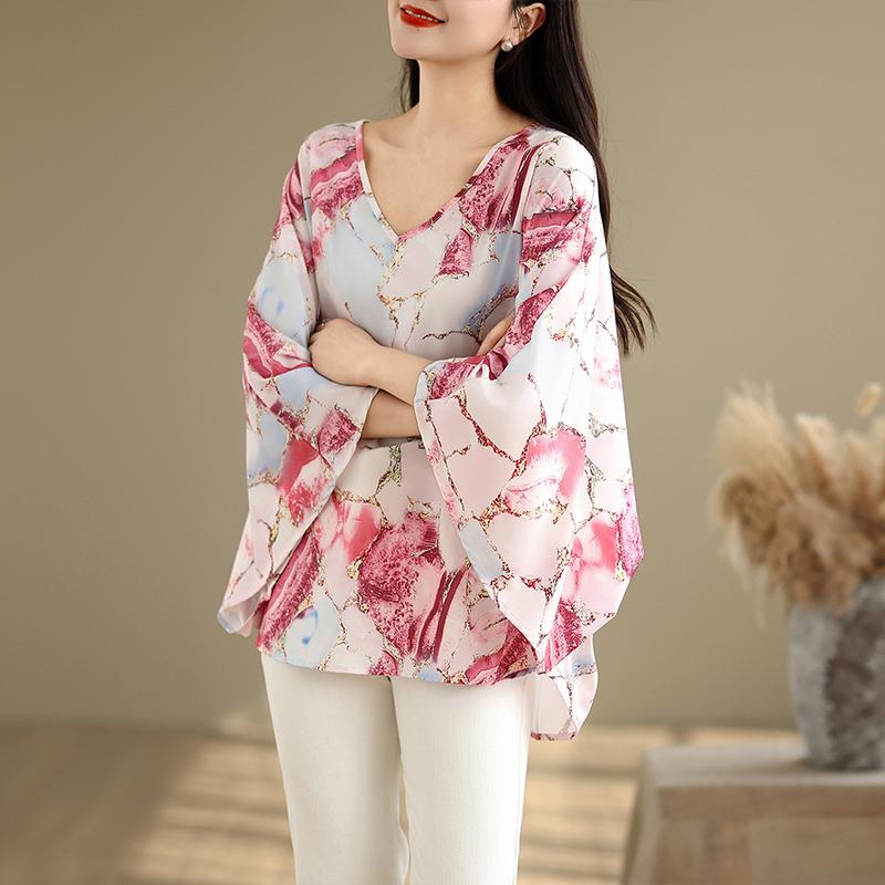 Dimanaf 2025 Women New Summer Plus Size T-Shirt Batwing Sleeves Printing V-Neck Vintage Loose Tops Tees Maxi