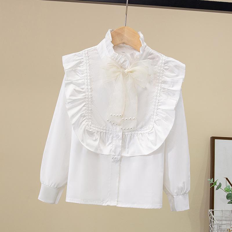 

Весна и осень с длинными рукавами из чистого хлопка для девочек, белая рубашка с воротником-стойкой, кружевная защита от солнца, студенческая версия 120