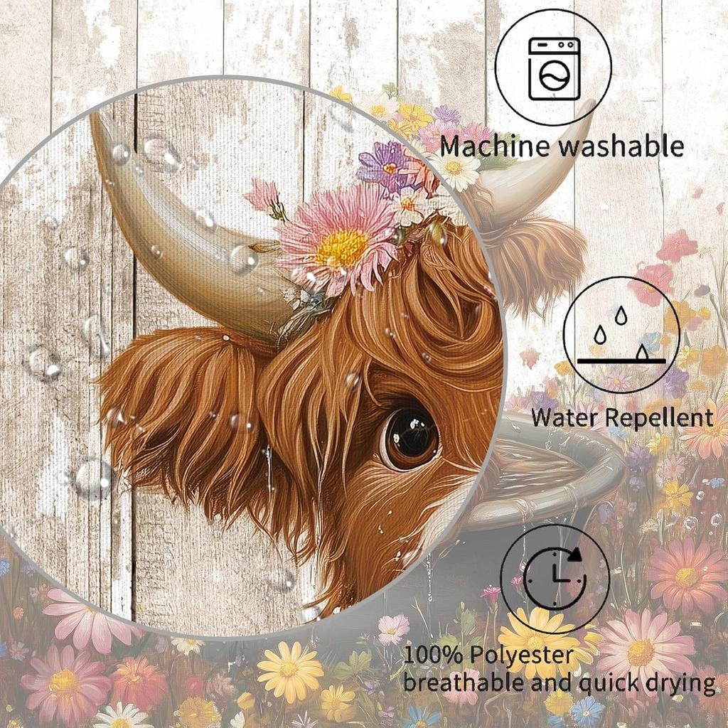 Cute Highland Cow Shower Curtain For Bathroom, Farmhouse Rustic Cow Animal Bathing In Bathtub Shower Curtains Decor Set