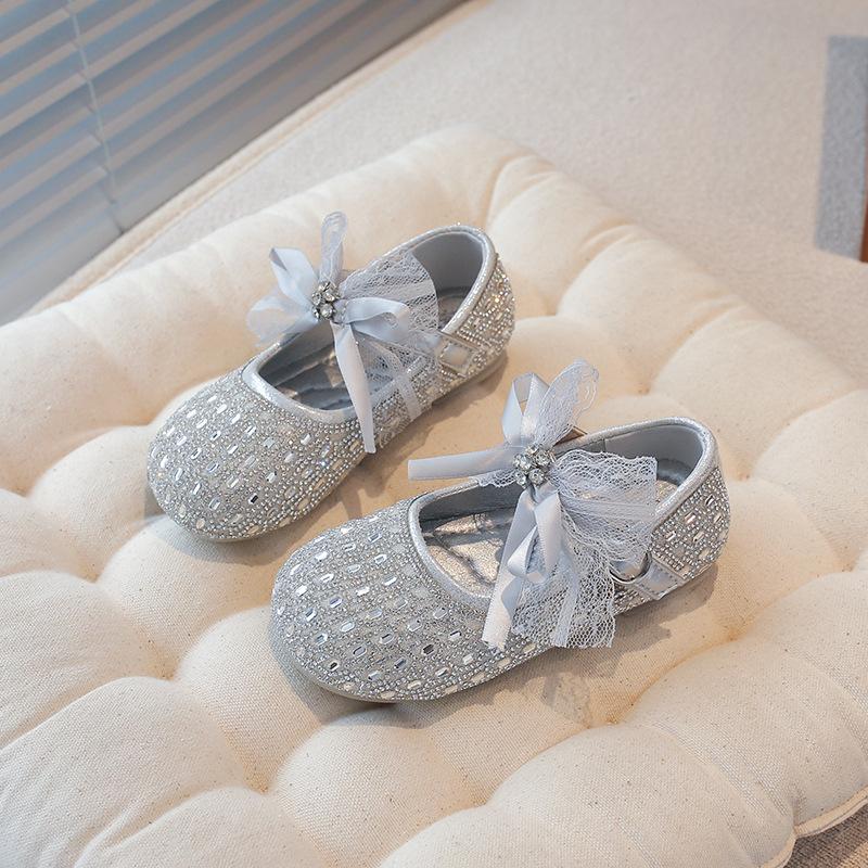 Spring New Girls Sweet Princess Shoes Bow Rhinestone Foreign Style Shallow Mouth Leather Shoes Fashion Children's Crystal Shoes