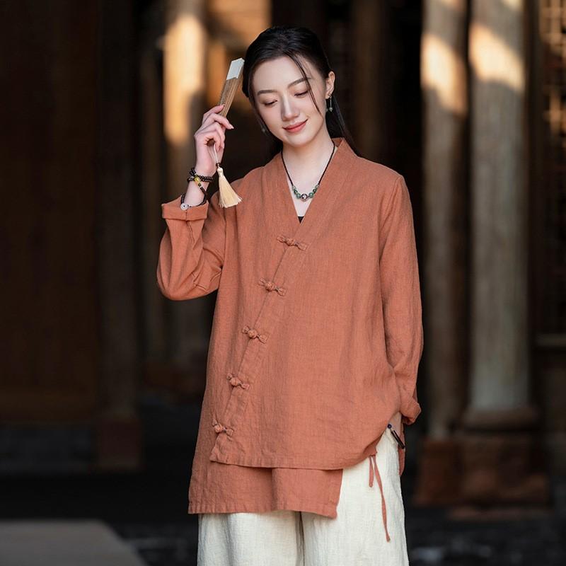 Johnature Women Vintage Shirts Tops V-Neck Long Sleeve Spring Blouses Solid Color Loose Spring Shirts