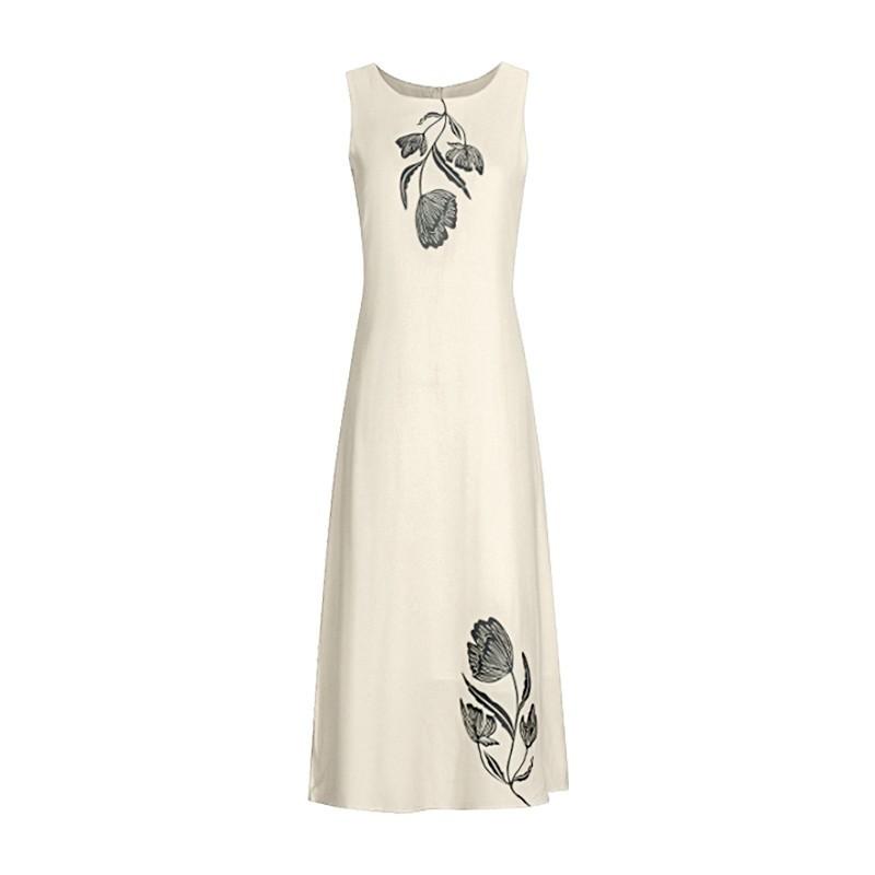 Temperament Vintage Print Dress Women Summer Sleeveless Zipper Vest Long Skirt
