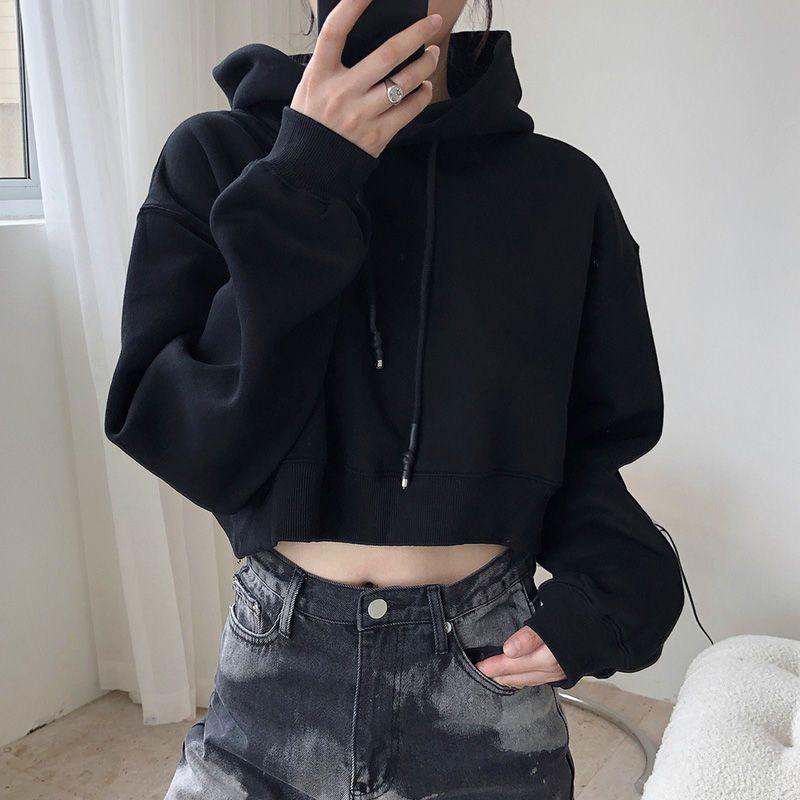 Lässiges Top, lockeres, langärmliges Fleece-Kapuzen-Kurz-Sweatshirt