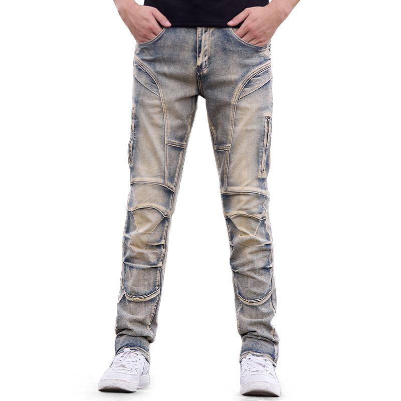 Jeans in stile motociclista da uomo, moda street europea, jeans skinny elasticizzati slim-fit, jeans dritti da uomo