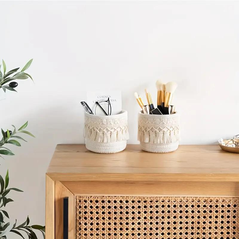 Tassel Style Makeup Brush Holder Desktop Cotton Rope Compiled Storage Box For Cosmetic Storage Basket Cosmetic Organizer Box