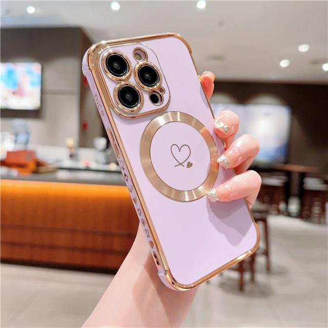 For iPhone Luxury Heart-shaped Magsafe Magnetic Plating Pattern Frame Phone Case For iPhone 11 12 13 14 15 16 Plus Pro Max Cover
