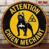 Vintage Beware Of Dog Retro French Caution Aluminum Round Wall Decor Porch Office Cafe