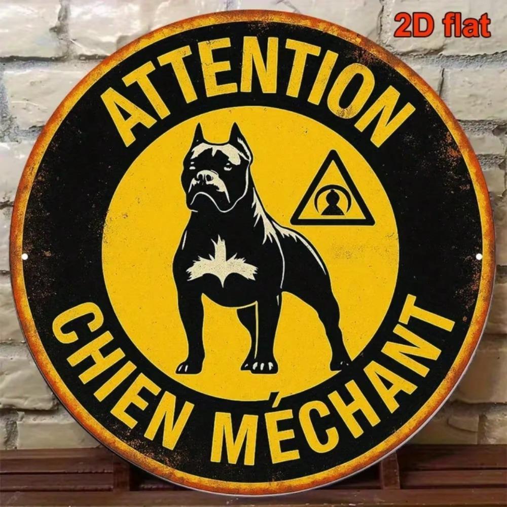 Vintage Beware Of Dog Retro French Caution Aluminum Round Wall Decor Porch Office Cafe