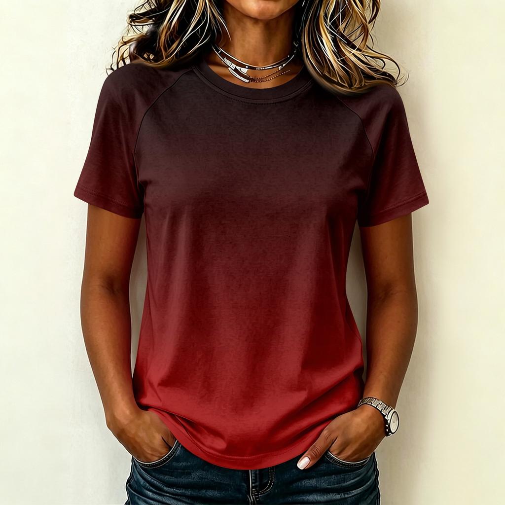 Women's Casual Raglan Sleeve Crew Neck Short Sleeve Top Gradient Print Lightweight Soft Fabric Relaxed Fit