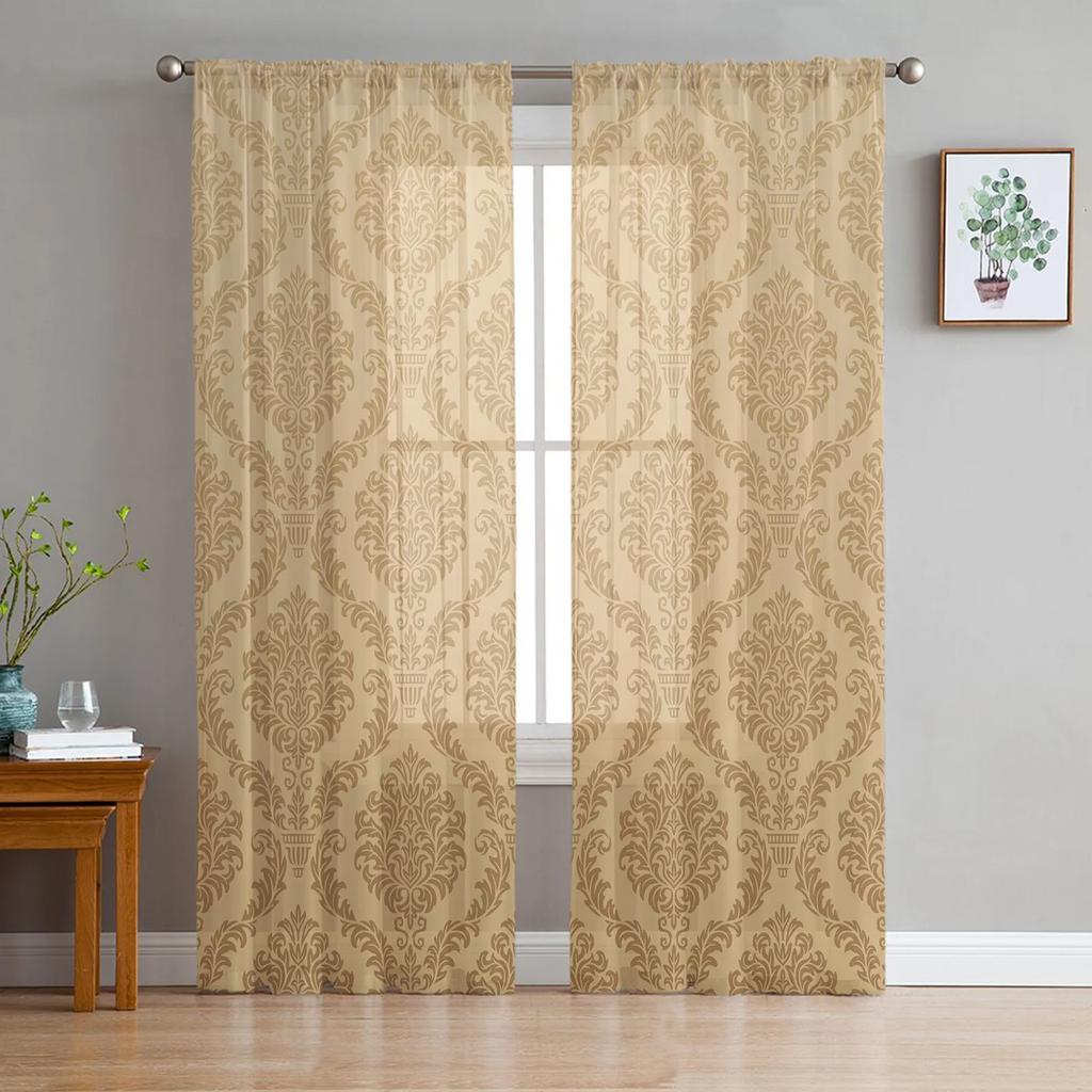 Artistic Beige Baroque Retro Flowers Voile Curtains Window Treatment Chiffon Tulle Curtain Kitchen Living Room Bedroom Light Filtering For Great
