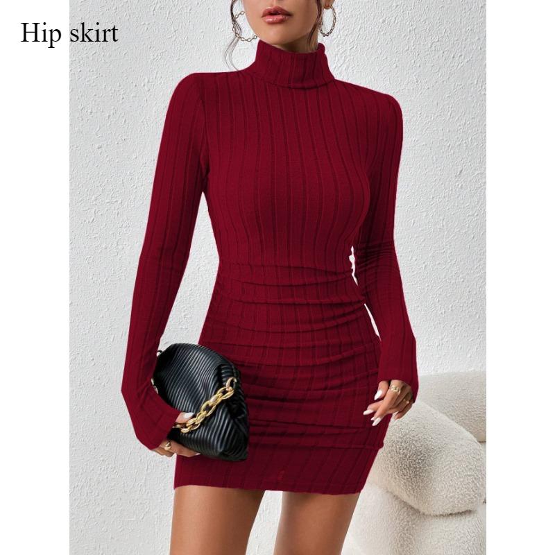 2024 Women's Wind Wine Red Dress Fashion Temperament Slim Autumn and Winter Simple High-neck Skirt