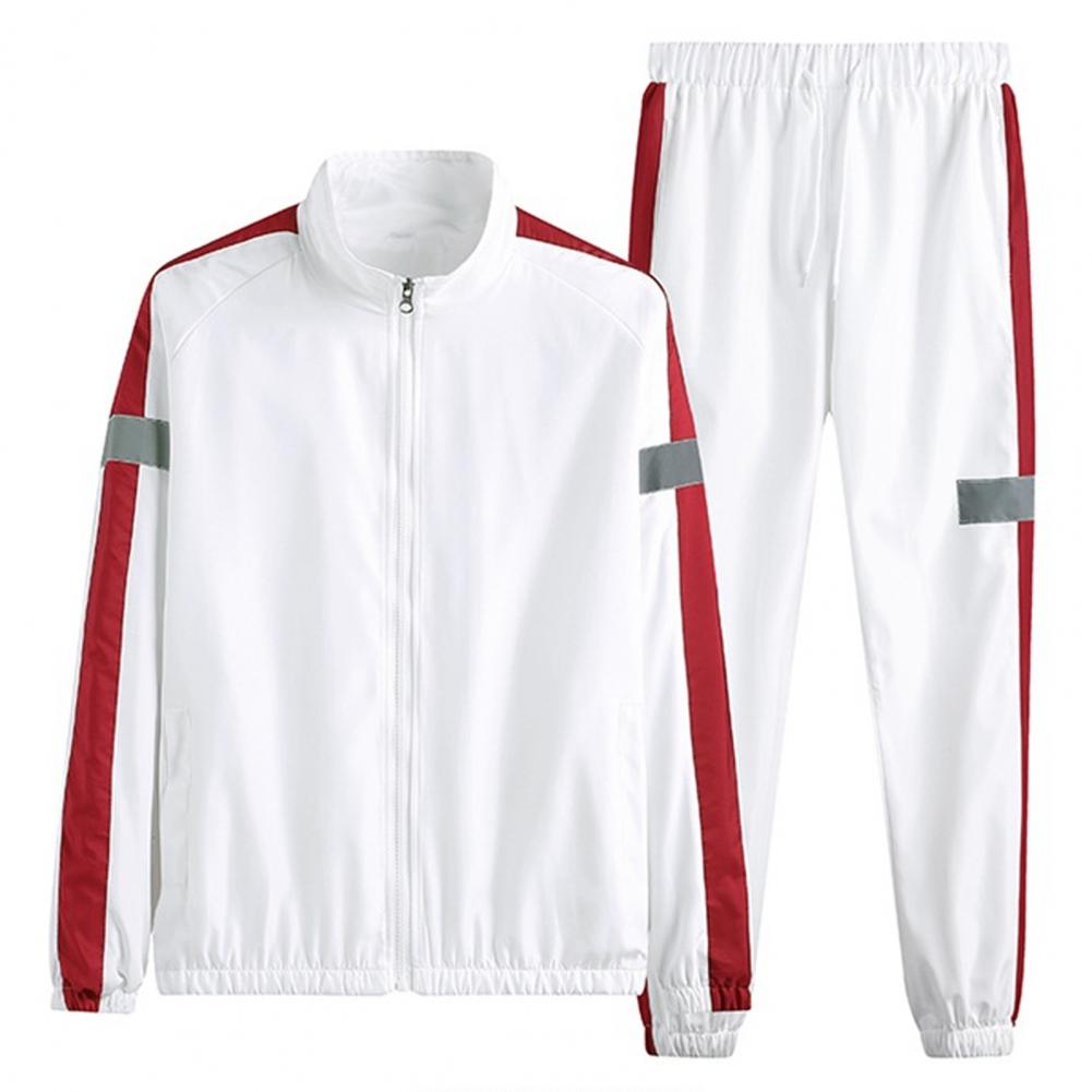 2Pcs/Set Men Sportswear Set Patchwork Color Stand Collar Long Sleeve Zipper Placket Jacket Elastic Waistband Drawstring Sweatpan