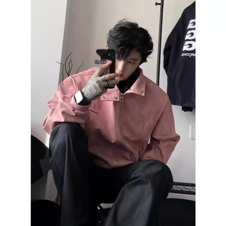 Herren Trendige Amerikanische Retro Pink Leder Motorrad Bomberjacke - High-End Frühling/Herbst Harrington Stil