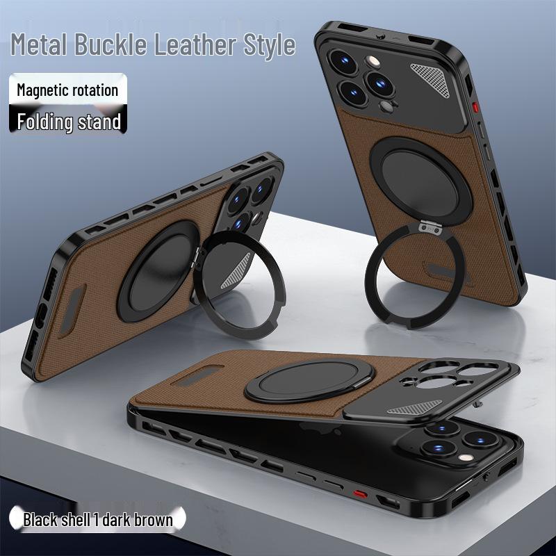 iPhone 16 Pro Max Aluminum Leather Buckle Case with Rotating Stand, Compatible with iPhone 15