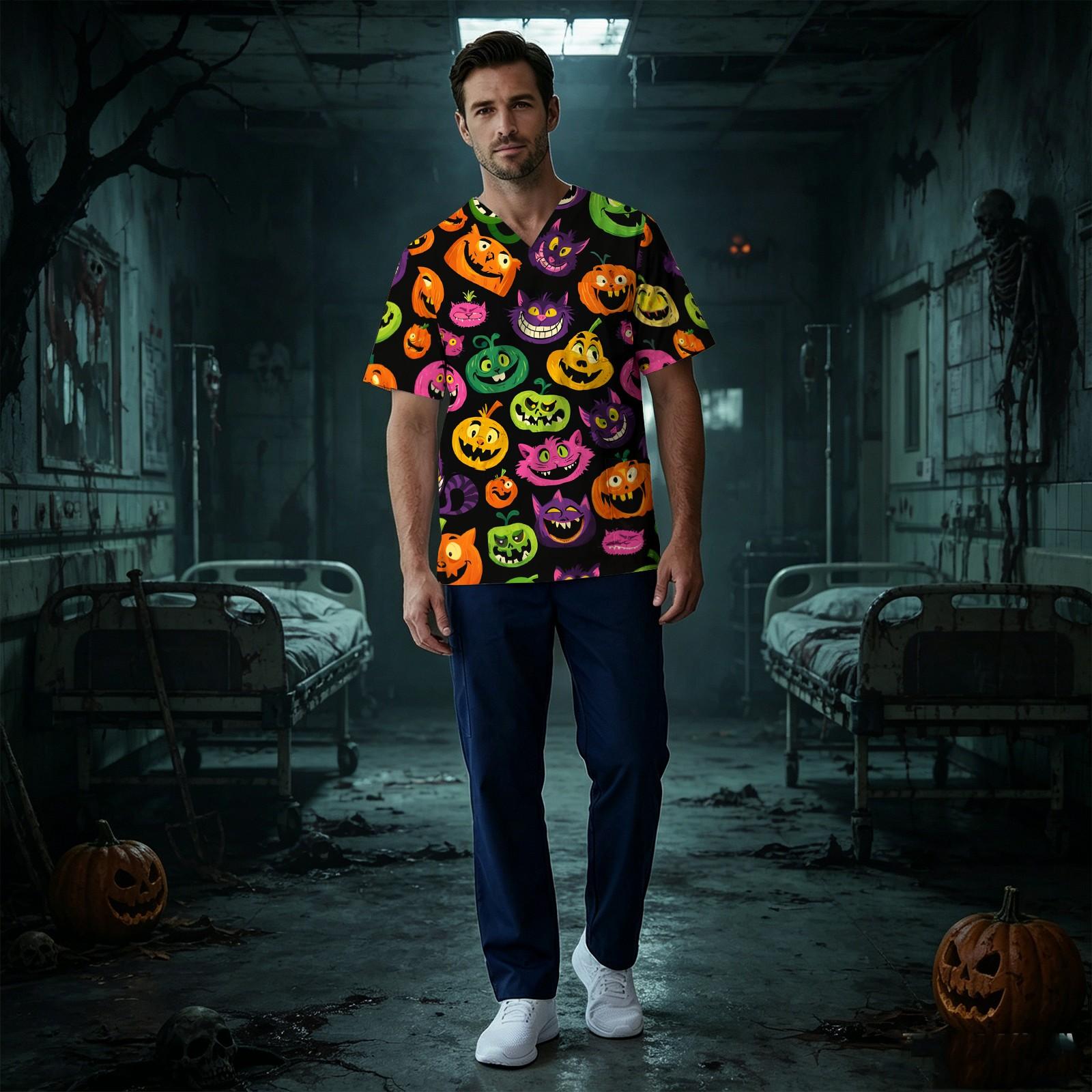 Men s V-Neck Short Sleeve Scrub Top with Halloween Print and Chest Pocket XXXL