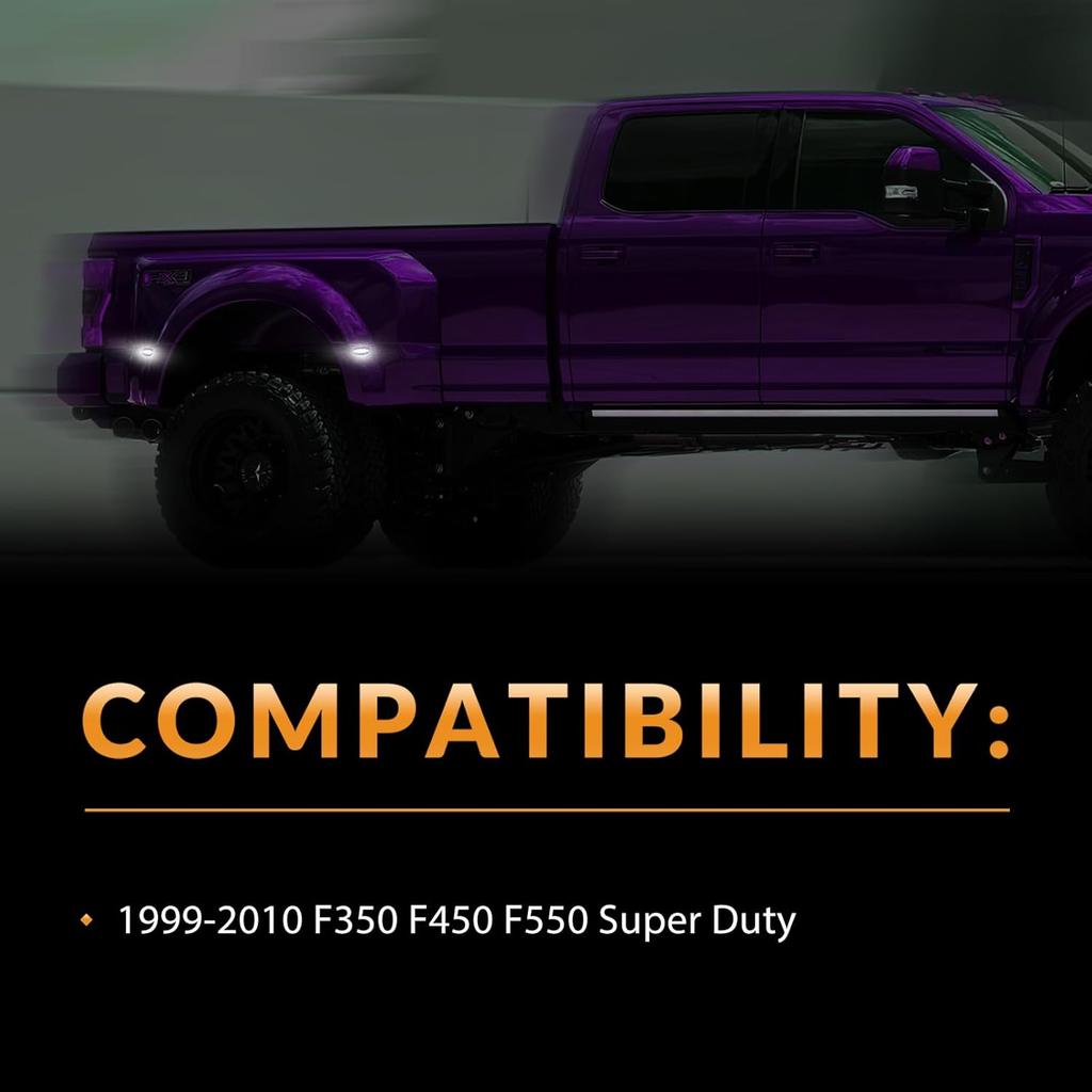 LED Dually Bed Fender Side Marker Lights For 1999-2010 Ford F250 F350 F450 F550 Super Duty Trucks Smoked Len (White Led)