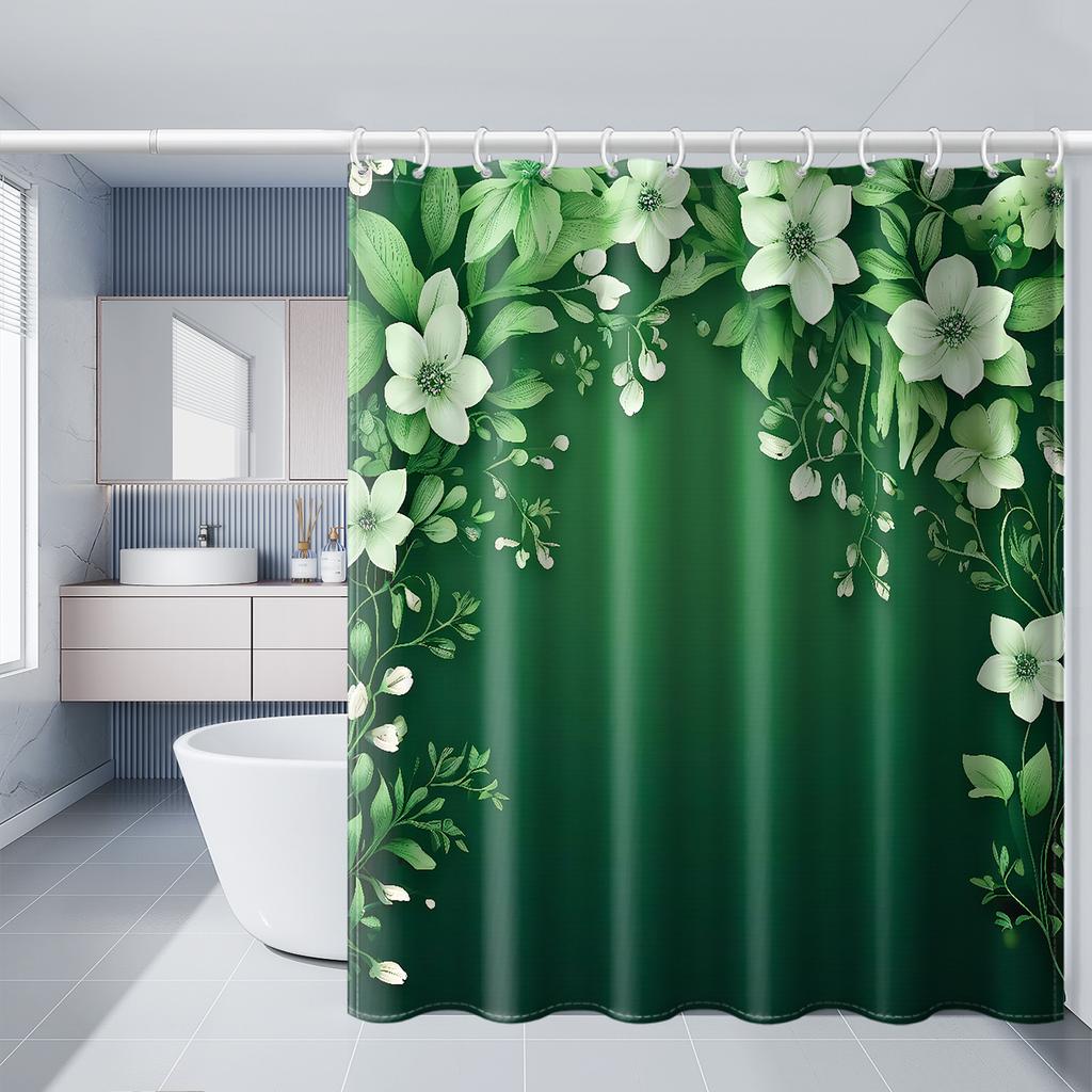1pc green base light green floral print shower curtain, with hooks, polyester fabric, windows and walls, bathtub bathroom home