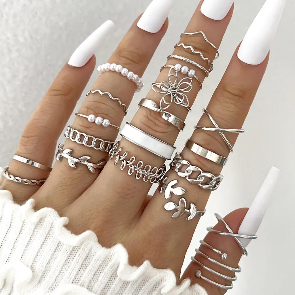 Ensemble de Bagues Géométriques pour Phalange Couleur Argent pour Femmes Perle Artificielle Chaîne Simple Bague de Doigt Bijoux Bohèmes Féminins Accessoires