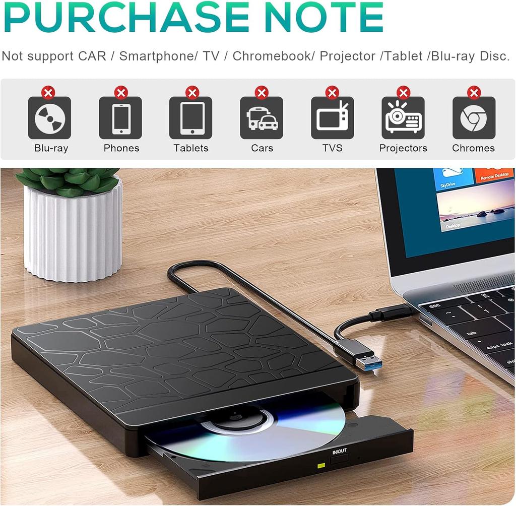 External CD DVD Drive with SD TF Slot & USB Ports, USB 3.0 Type-C Portable CD DVD +/-RW Drive Reader Burner Rewriter for Laptop