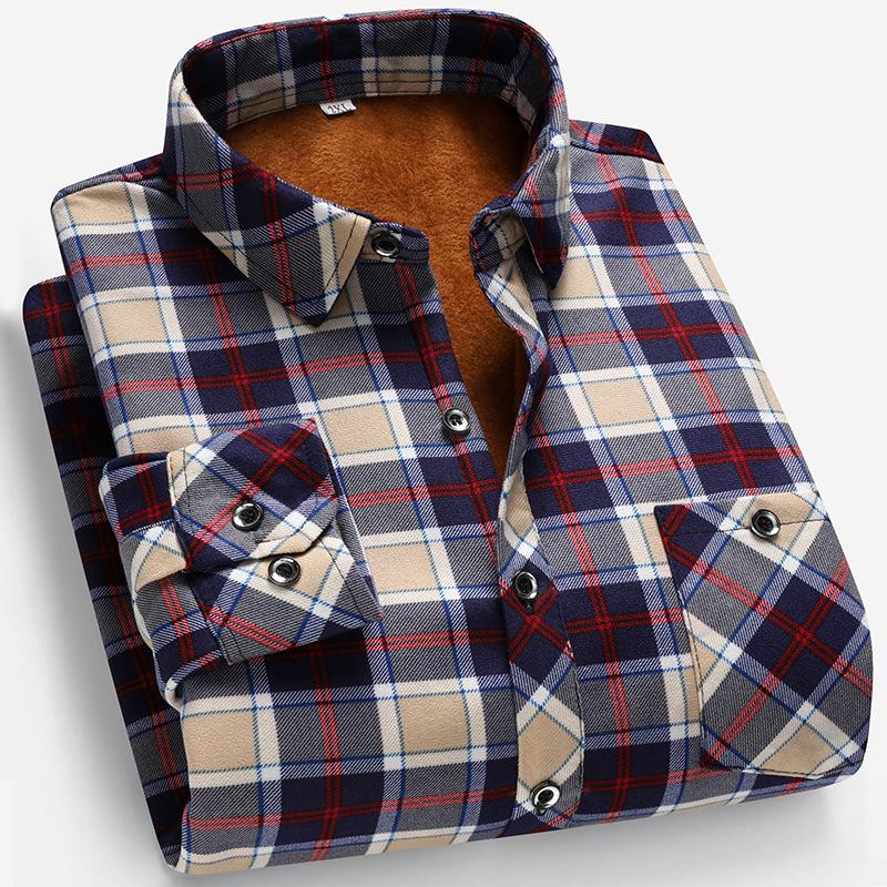 Men Fleece Lined Thick Warm Stand Collar Long Sleeve Plaid Casual Business Shirt