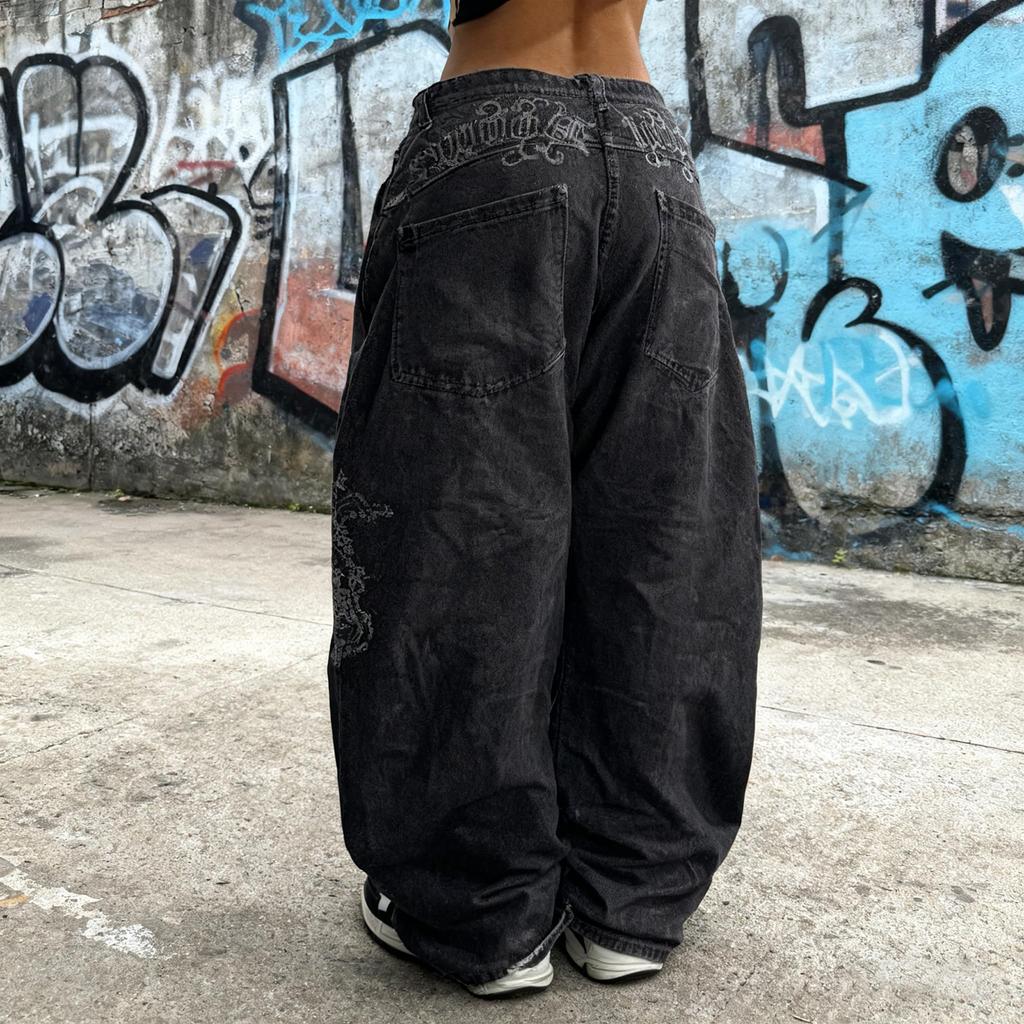 Women's Retro High Street Wide-Leg Denim Trousers Washed High-Waisted Casual Stylish Denim Trousers