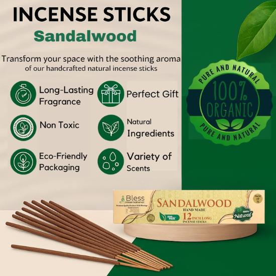 Bless-International-Sandalwood 100%-Natural-Handmade-Incense-Sticks Organic-Chemicals-Free-for-Relaxation 12-Inches-1-Hour-Plus-Burning