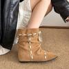 Fashion Suede Inside Booster Flats Fall New Pointed Toe Spliced Front Lace-Up Soft Slip Shorthole Boots
