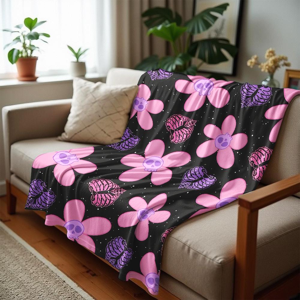 Pink Skull Rib Floral Galaxy Soft Flannel Blanket Breathable Warm Throw for Office Car Sofa Kids Room Birthday Xmas Gift