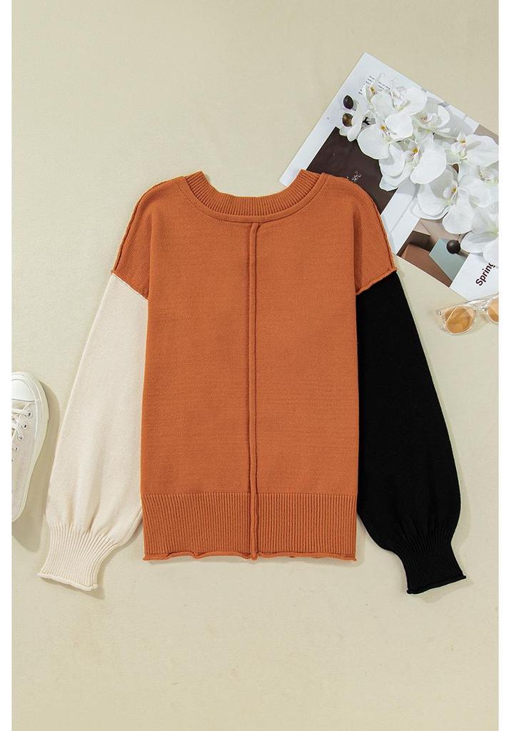 Autumn V-neck Color Block Puff Sleeve Sweater - Women's Casual European & American Style