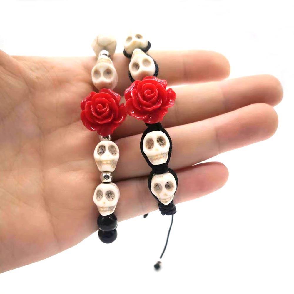 Halloween Gift Acrylic Rose Blossoms Skull Beads Two Styles of Hand Woven Adjustable and Elastic Rope Bracelets for Men