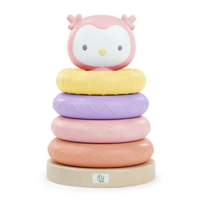 ITY De INGENUITY Cutie Stacks Nally, 4 Anneaux De Dentition À Empiler Sans BPA, Support En Faux Bois, Ours, Rose, Dès 6 Mois
